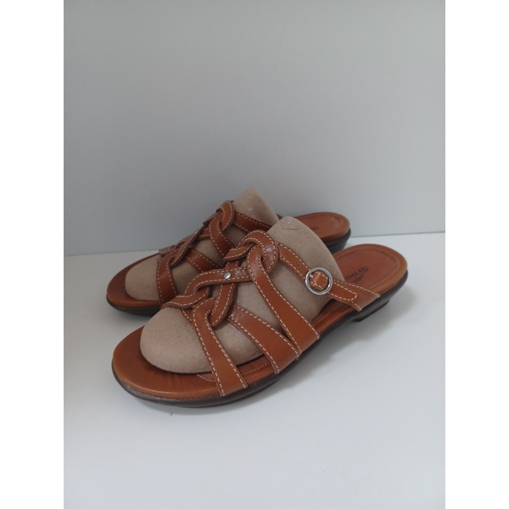 Dansko Brown and Beige Leather Slide Sandals